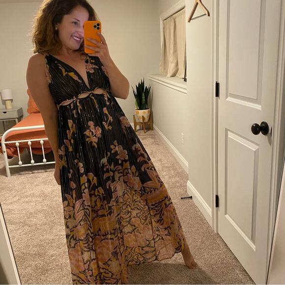 NWT Anthropologie Black Metallic Floral Sexy Maxi Dress Small - Picture 5 of 16